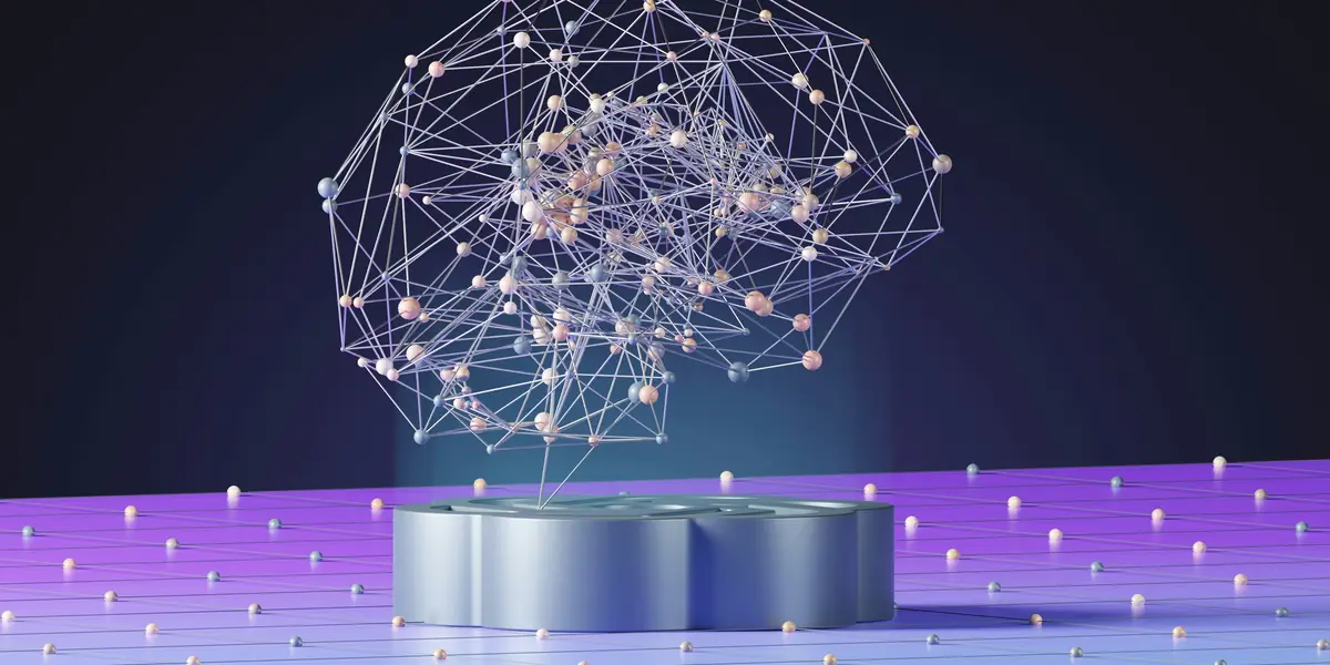 Rendering 3D di una rete neurale sospesa sopra un disco metallico, a rappresentare il modello statistico dietro un rilevatore di IA