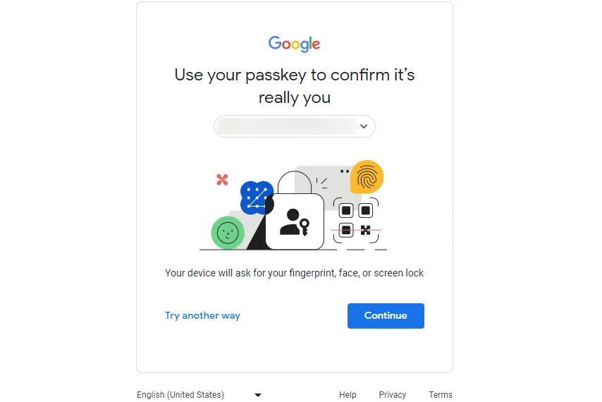 Schermata Google „Use your passkey to confirm it's really you”, con il selettore dell'account, l'illustrazione con impronta e chip, il testo „Your device will ask for your fingerprint, face, or screen lock” e i pulsanti „Try another way” e „Continue”