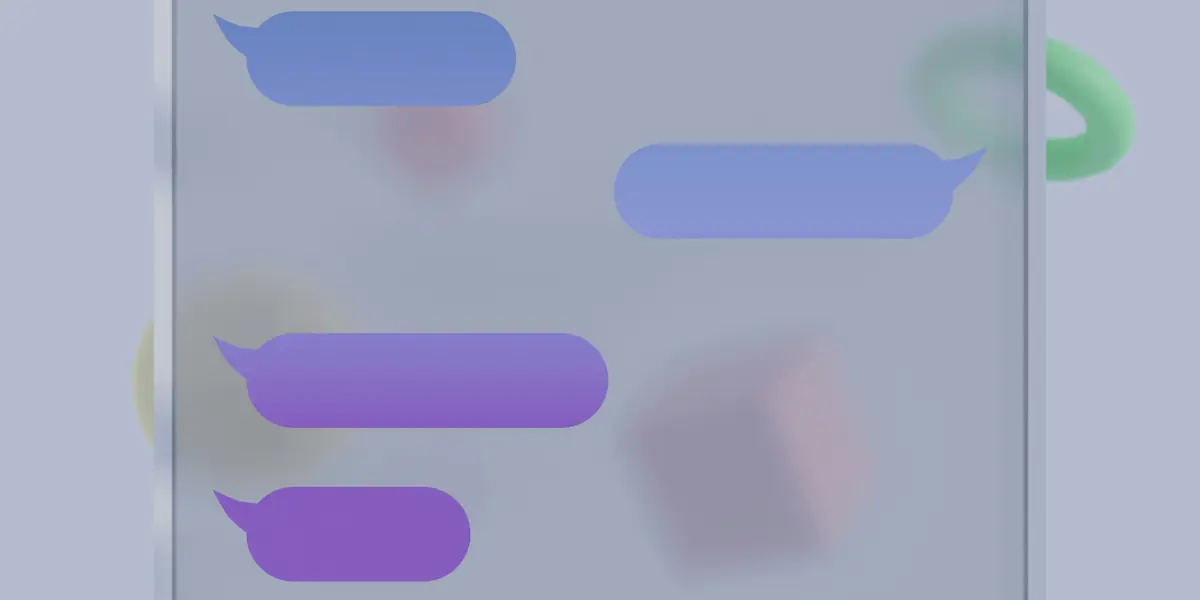 Imagine abstractă, în spatele unui panou de sticlă mată: patru baloane de dialog suprapuse, două albastre și două violet, complet goale, fără text