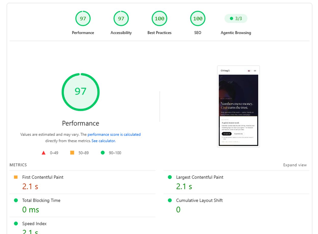 PageSpeed Insights mobil pentru cittago.com: Performanță 97, cu verificarea Agentic Browsing 3/3