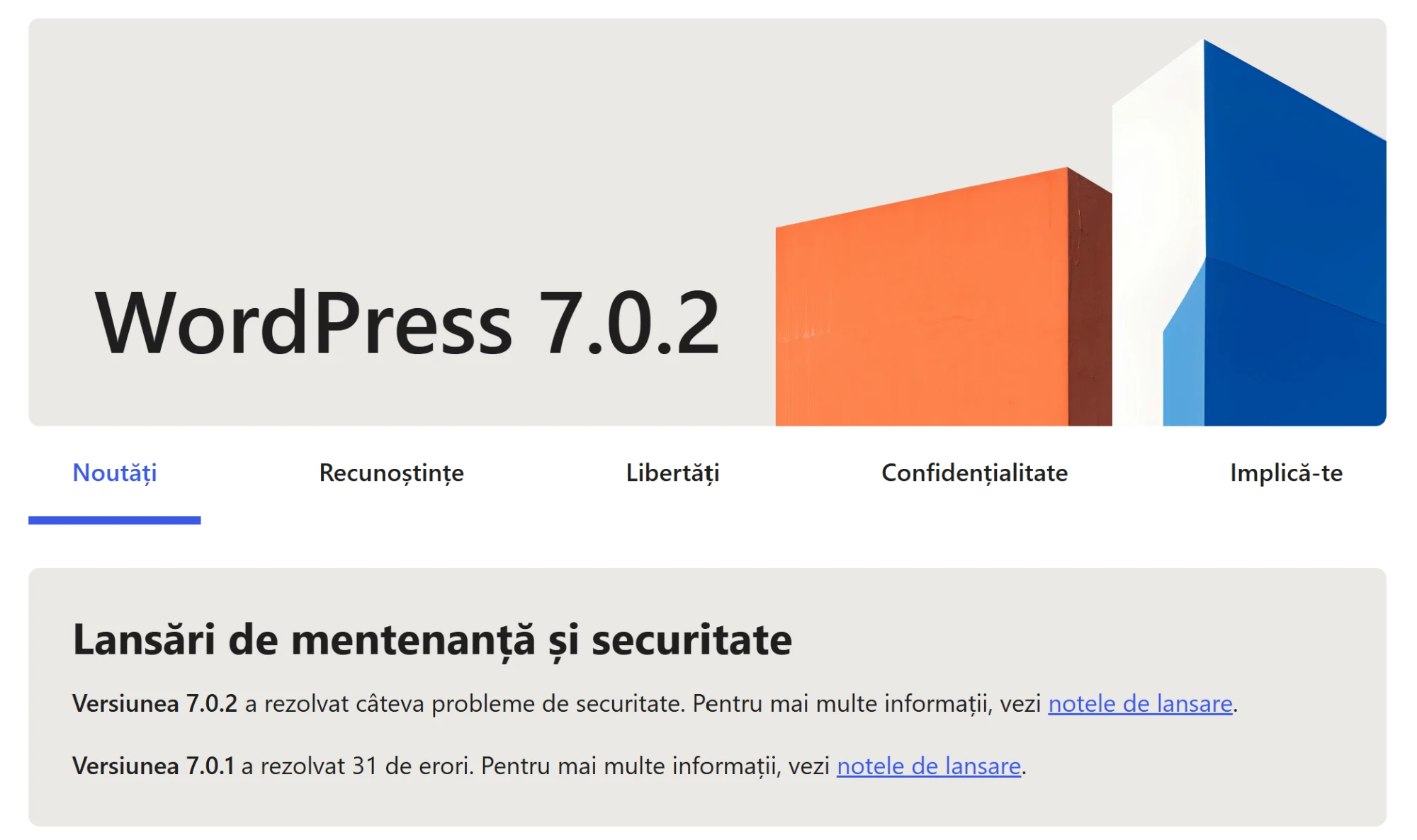 La schermata «Informazioni» di WordPress 7.0.2, la sezione «Versioni di manutenzione e sicurezza»