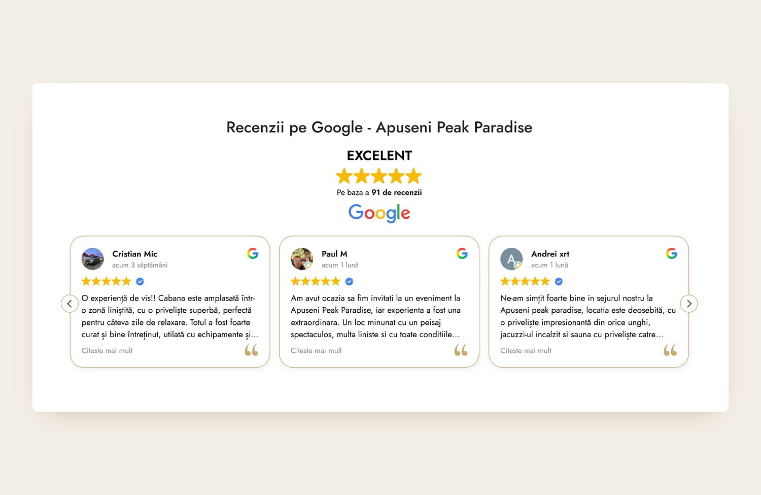 The Google reviews section — 5.0 rating across 91 reviews