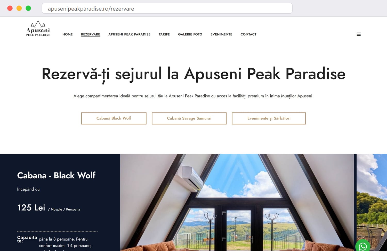 The reservation page on apusenipeakparadise.ro