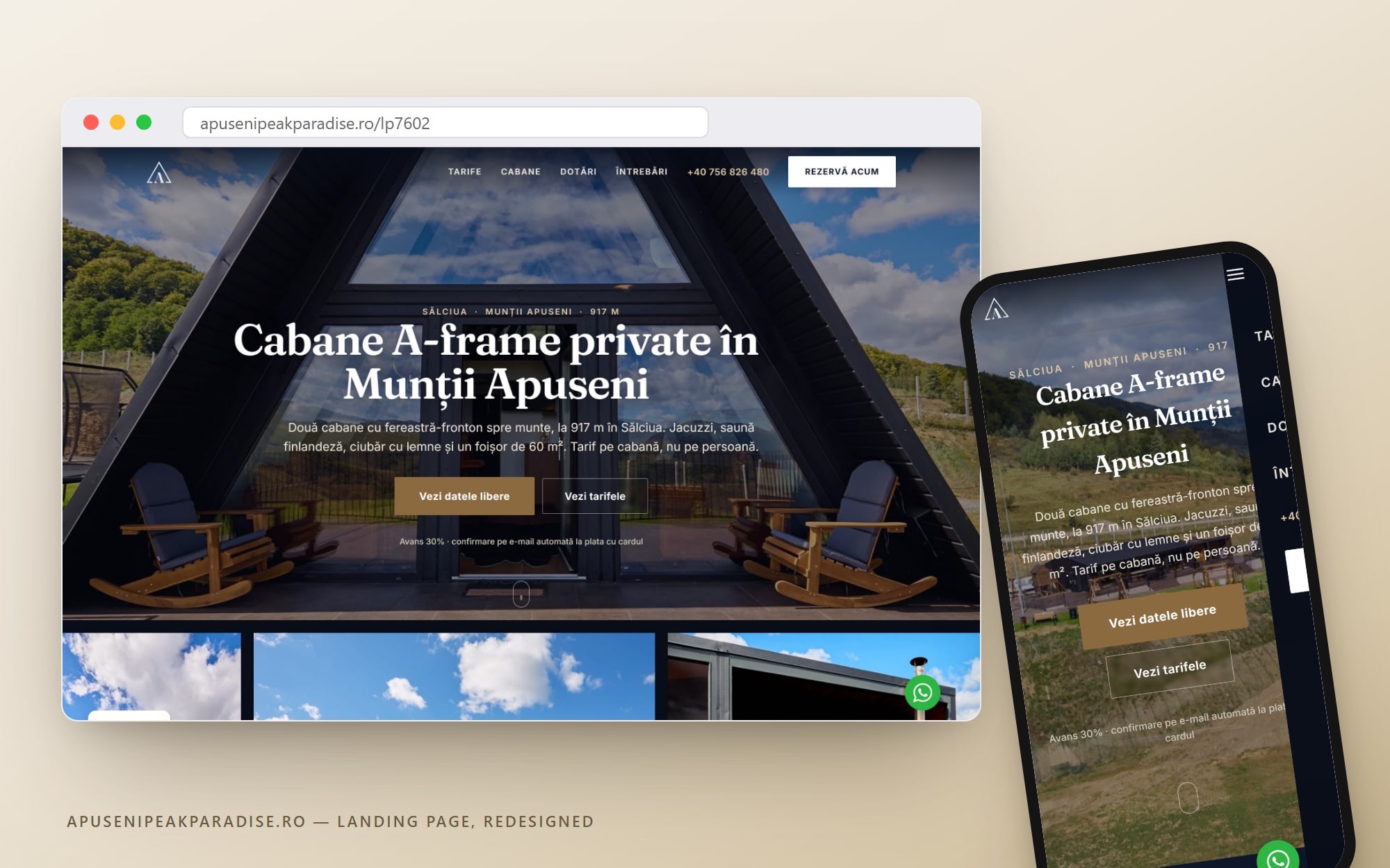 apusenipeakparadise.ro/lp7602 — the landing page Cittago redesigned, on desktop and mobile