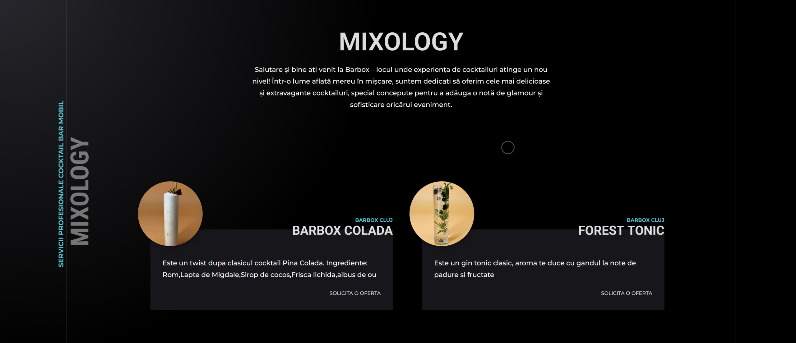 The BarBox signature menu — BarBox Colada and Forest Tonic — set on brand