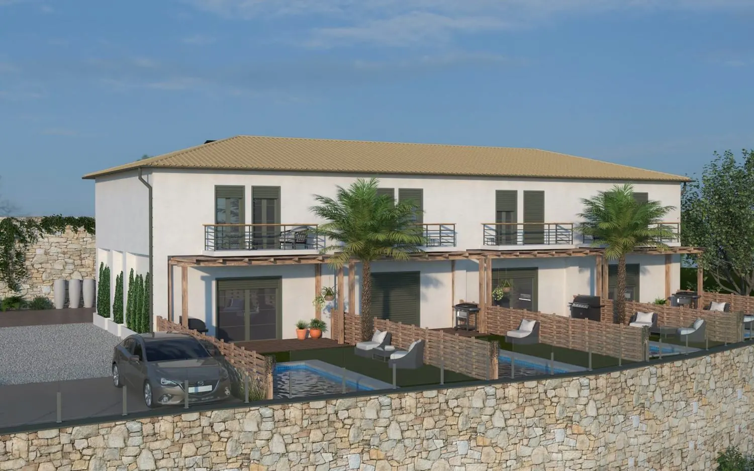 Architectural render of the four Ela Home maisonettes with private pools, Kypseli, Zakynthos