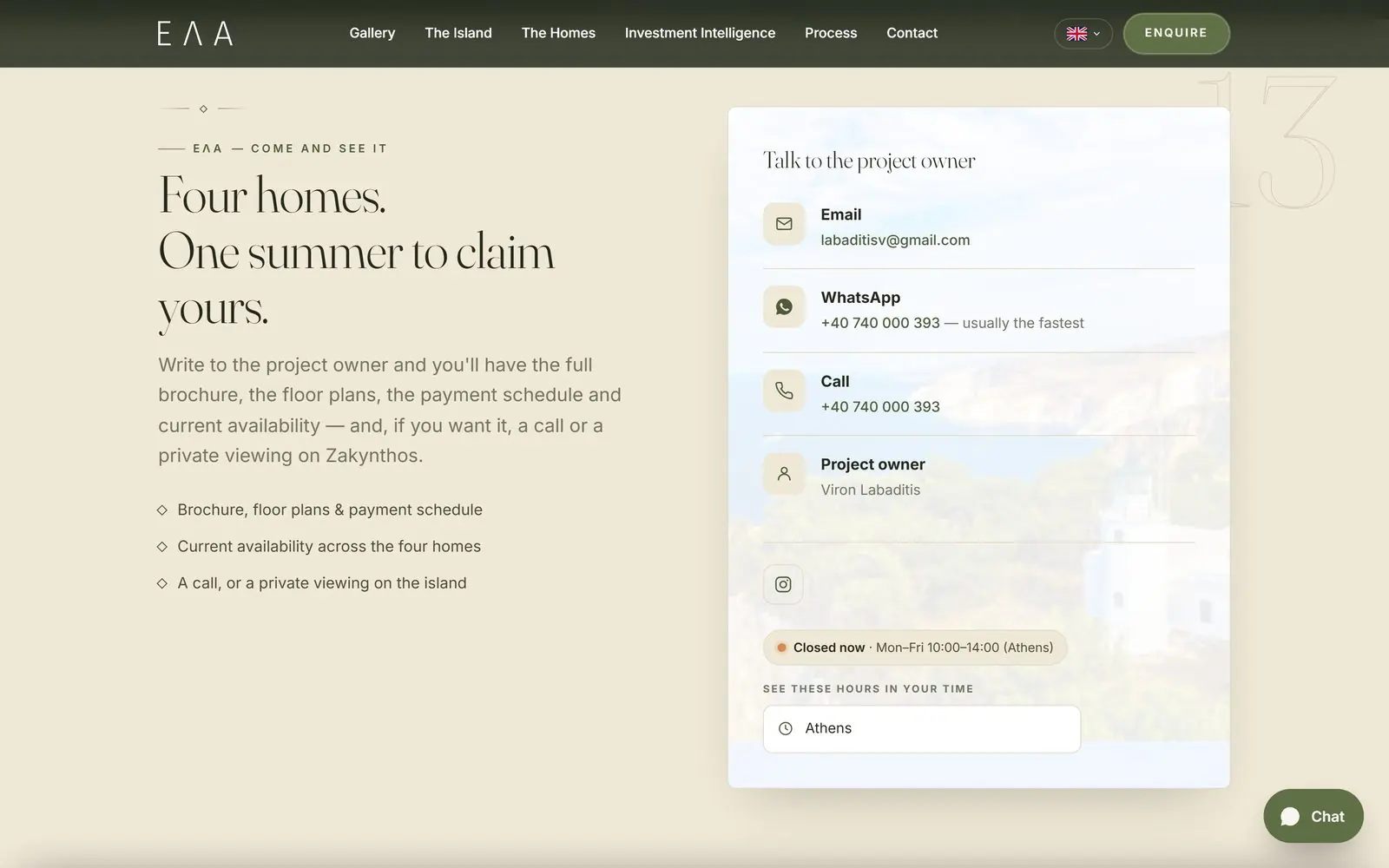 The contact section on elahome.gr — e-mail, WhatsApp, phone, live office-hours indicator and time-zone converter