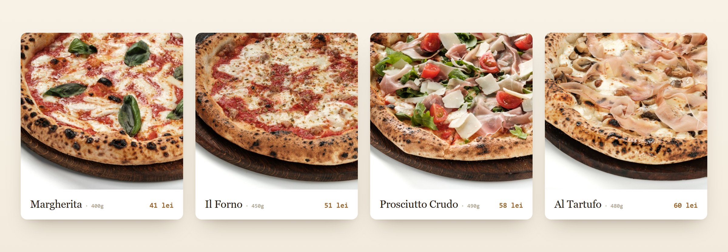A row of signature Neapolitan pizzas, cornicione charred and puffed