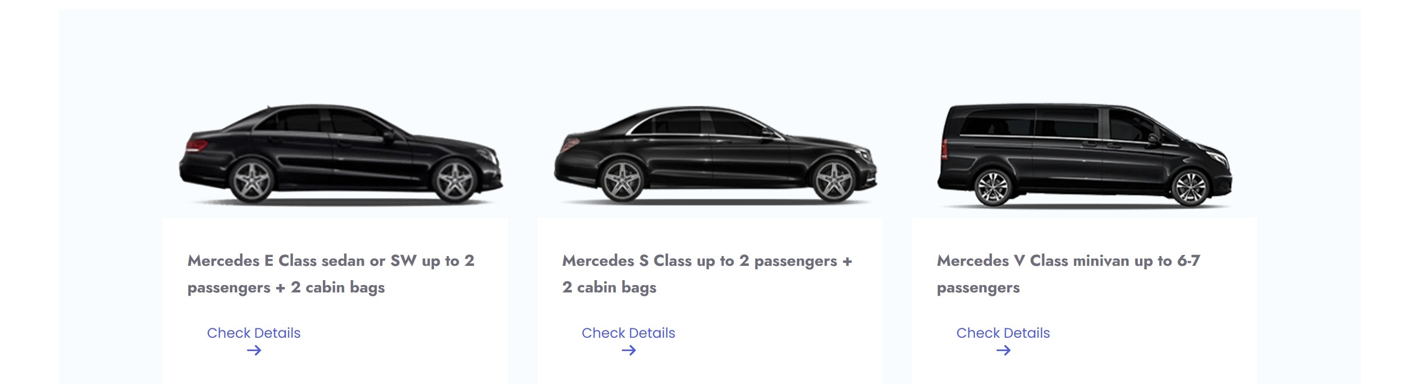 Flota Mercedes — Clasa E, Clasa S și Clasa V, fiecare dimensionată pentru cursă