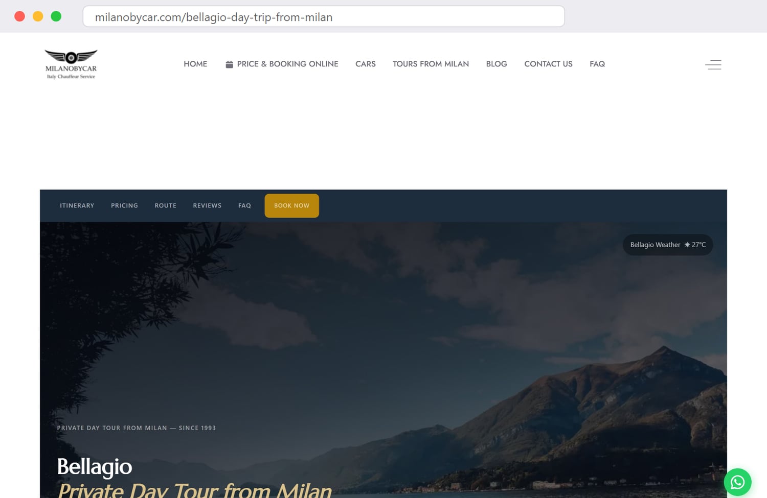 Landing page-ul excursiei la Bellagio de pe milanobycar.com