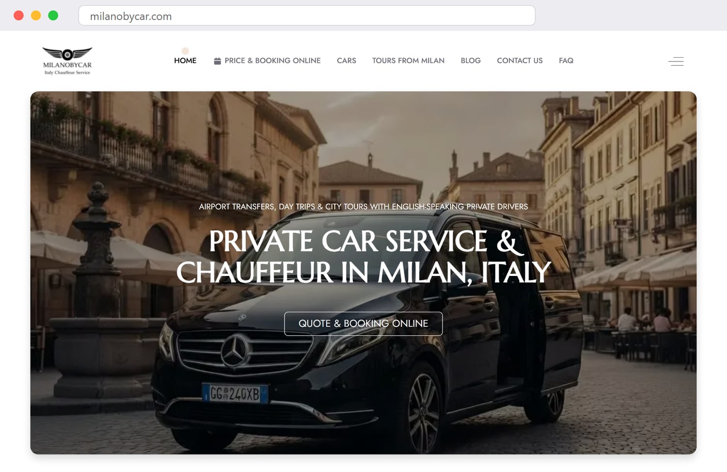 Homepage-ul milanobycar.com — serviciu de mașină privată și șofer în Milano