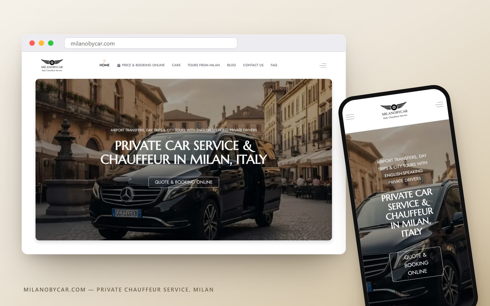 milanobycar.com — platforma serviciului de șofer din Milano pentru care Cittago oferă consultanță, pe desktop și mobil